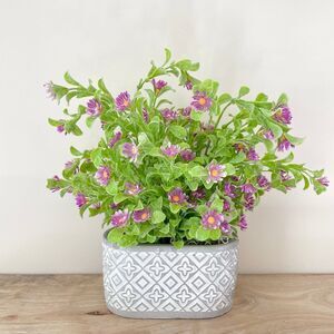 Handmade Artificial Mini Purple Flower Bush Arrangement in Oval Concrete Planter